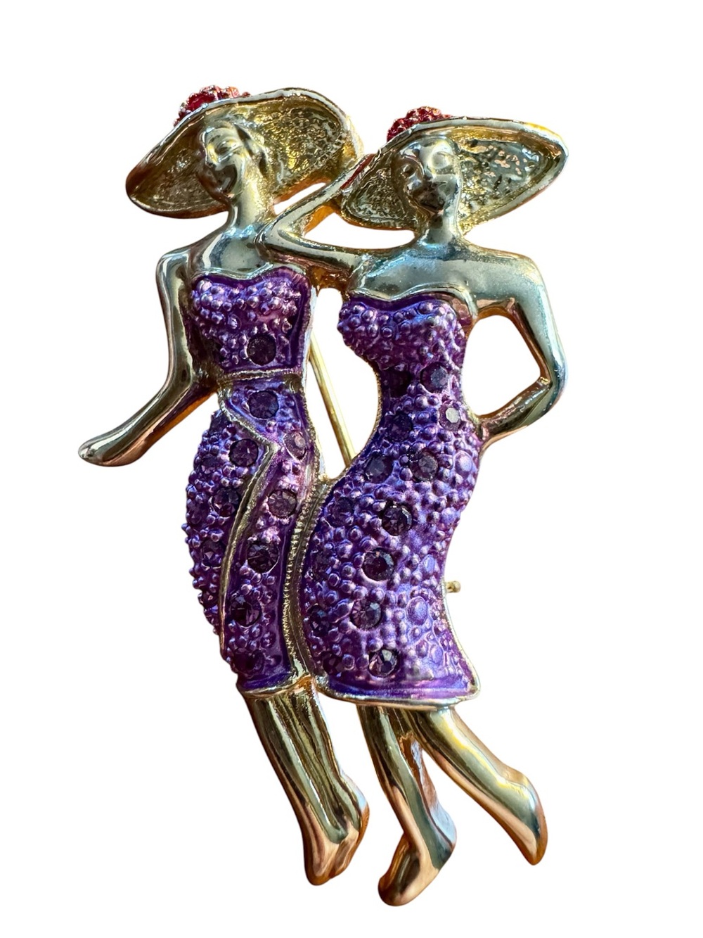 Gold-Tone Twin Ladies Purple Dress/Red Hat Style Brooch, Vintage